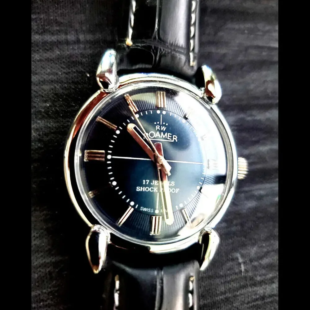 Rare Roamer Brevete Swiss Mens Manual Watch Slv Blu‎ Blk